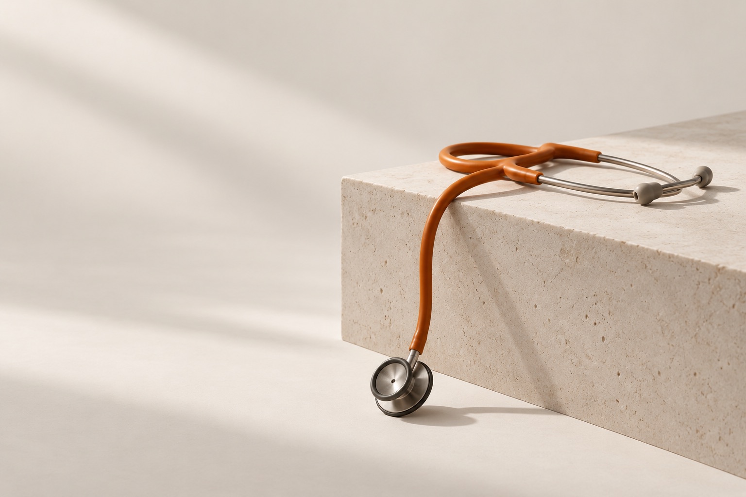 A pale stone stair step with a sharp edge and a stethoscope with orange tubing hanging down over the drop.