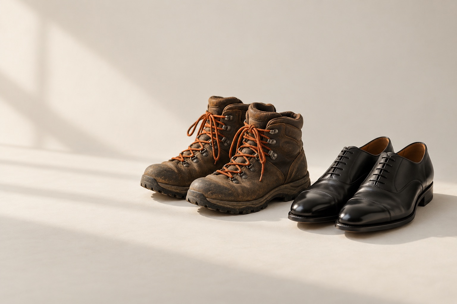 Worn hiking boots with orange laces beside polished black office shoes, the boots turned slightly away.