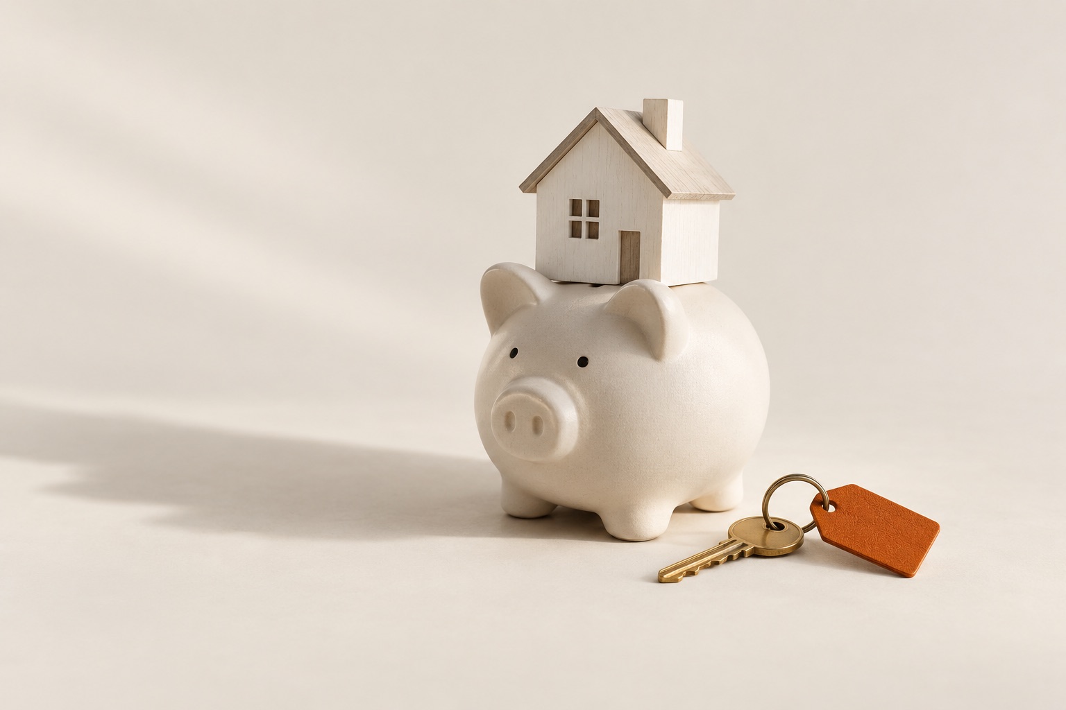 A small white wooden house resting on a ceramic piggy bank, with a brass key on an orange tag beside them.