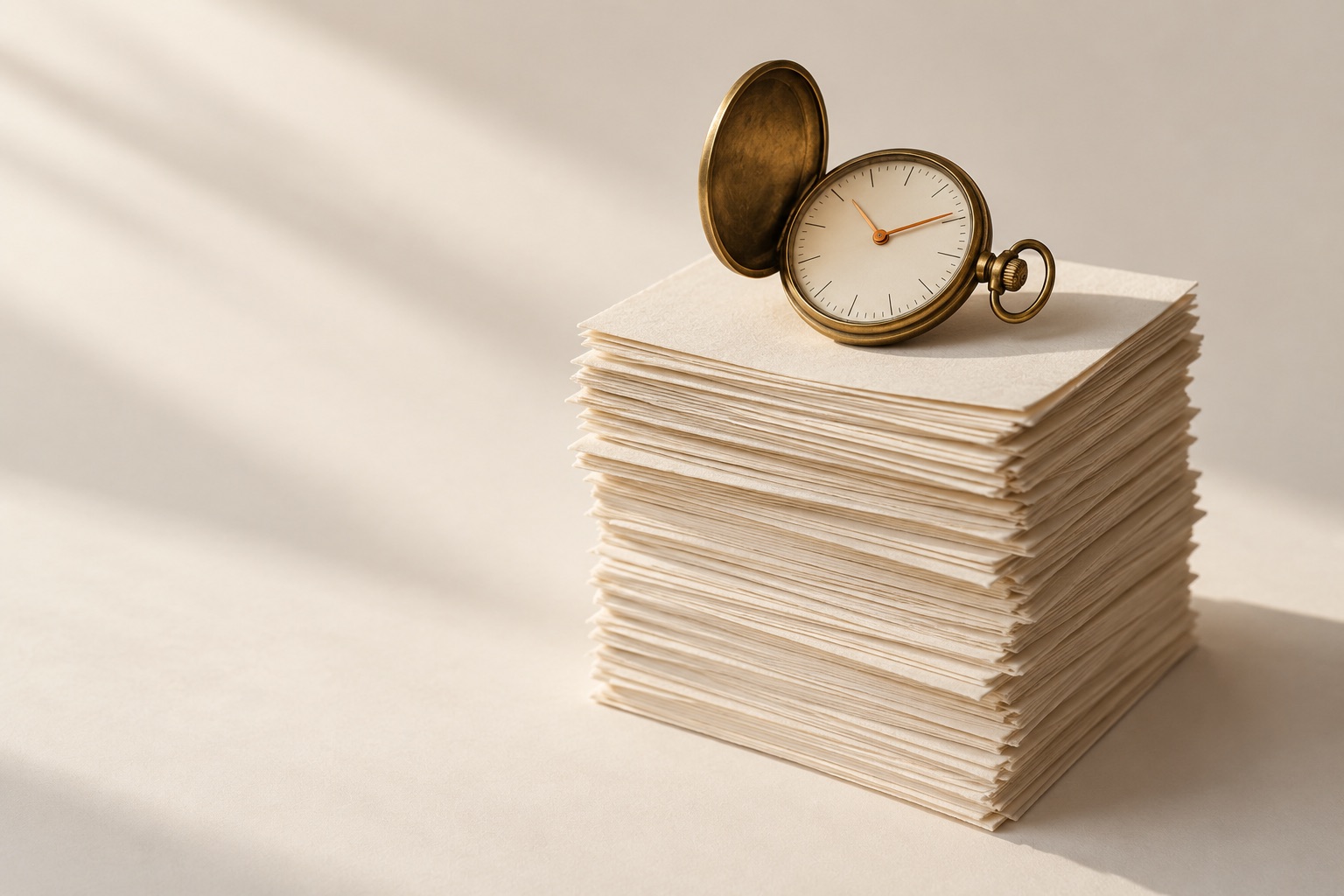 An open brass pocket watch with orange hands resting on a leaning stack of cream paper.
