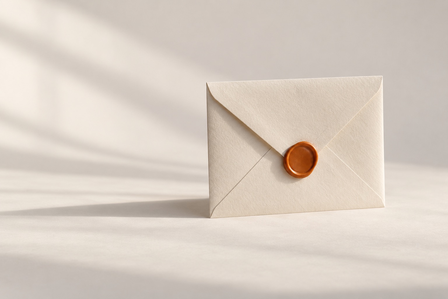 A sealed cream envelope standing upright with a plain burnt-orange wax seal and a long shadow.