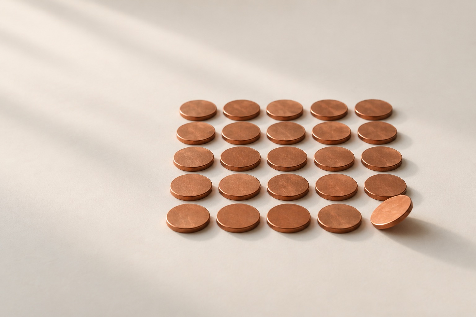 Twenty-five blank copper discs in a five-by-five grid, one in the corner slightly lifted and tilted.
