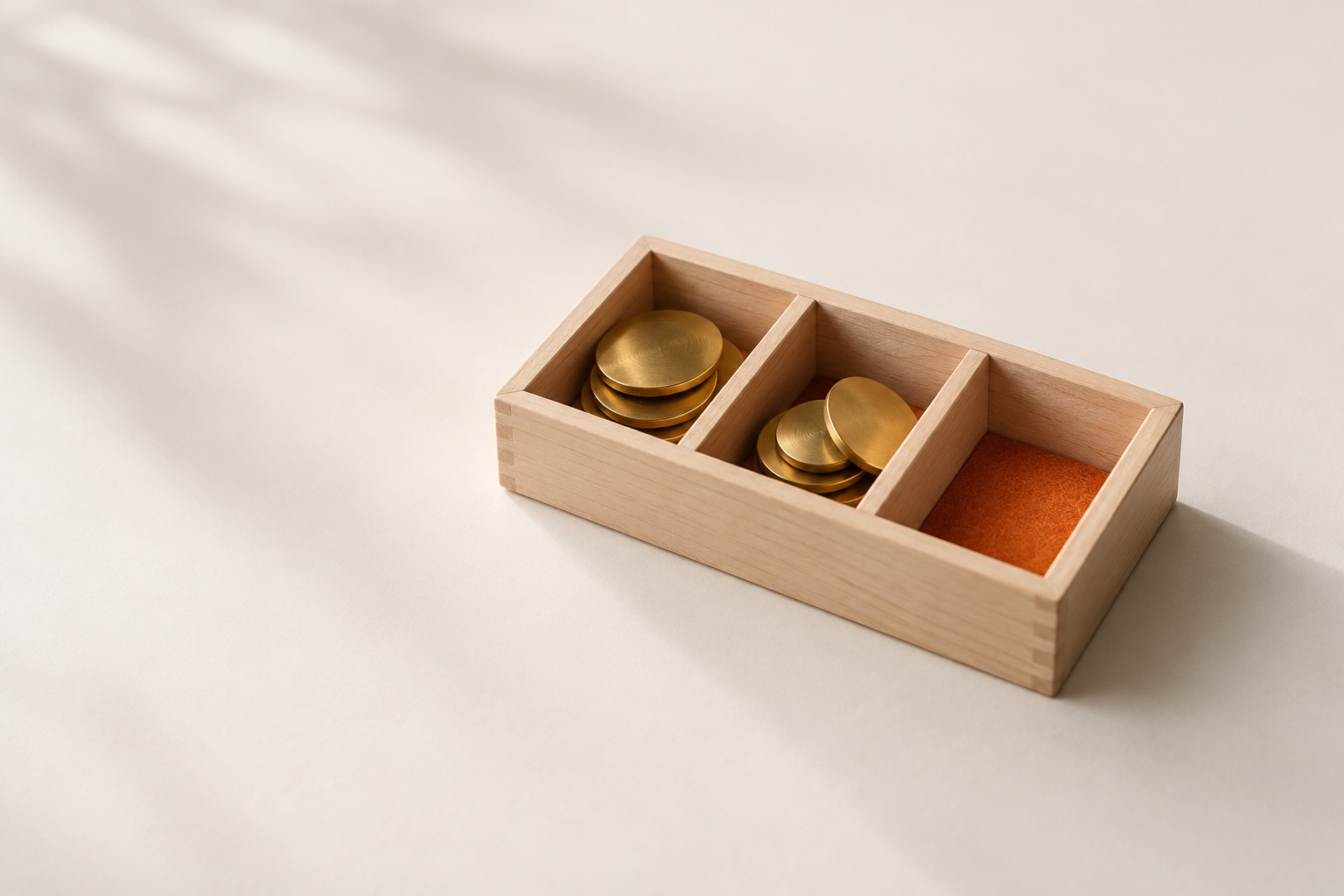 An open wooden sorting box holds blank brass discs beside an empty compartment lined with burnt-orange felt.