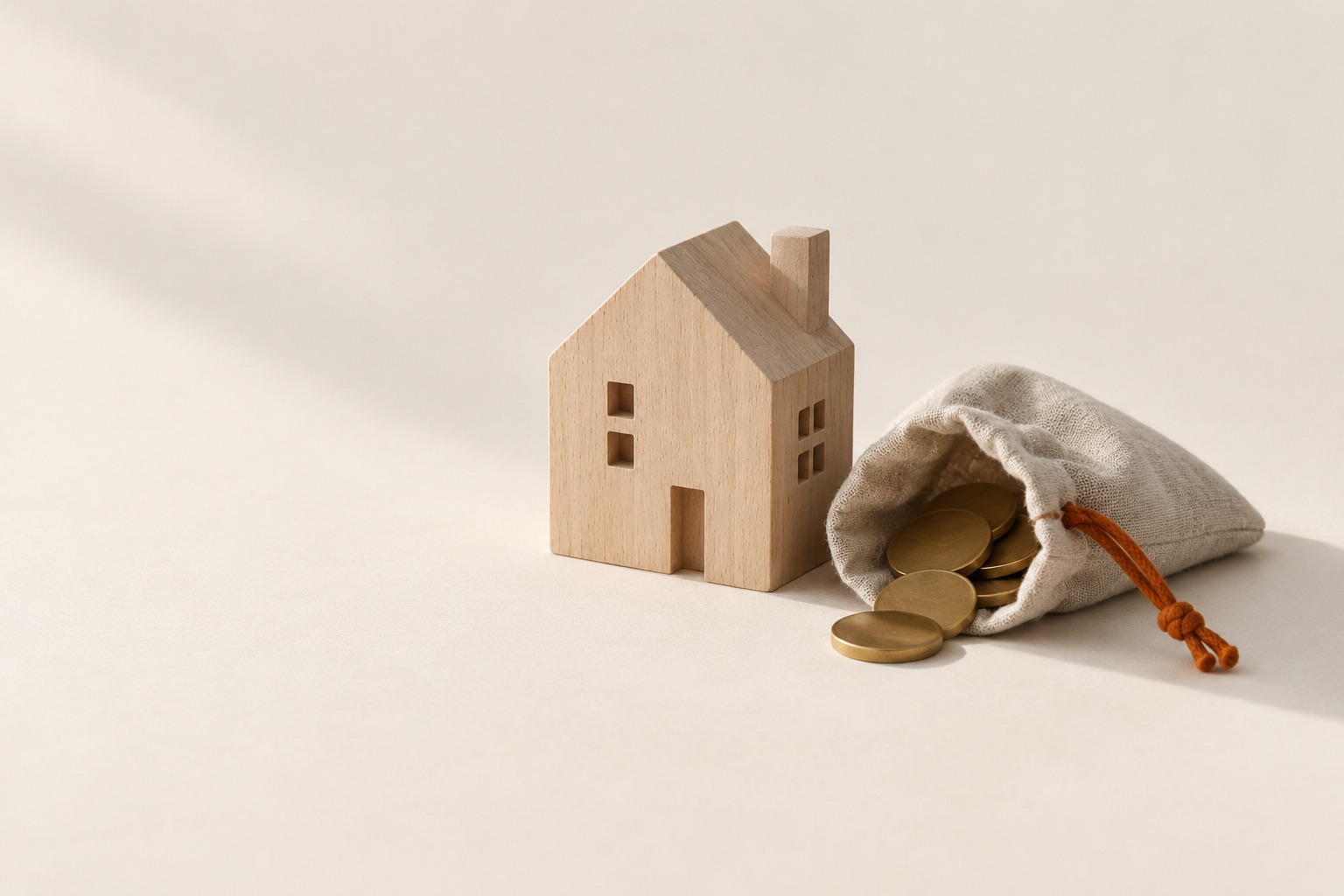 A pale wooden house beside a linen pouch of blank brass discs, with a burnt-orange drawstring.