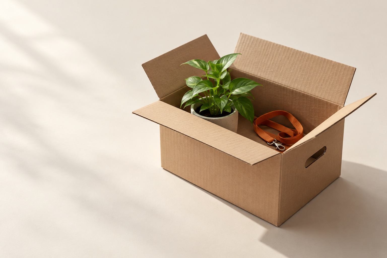 An empty cardboard office box holding a small potted plant and a coiled orange lanyard.