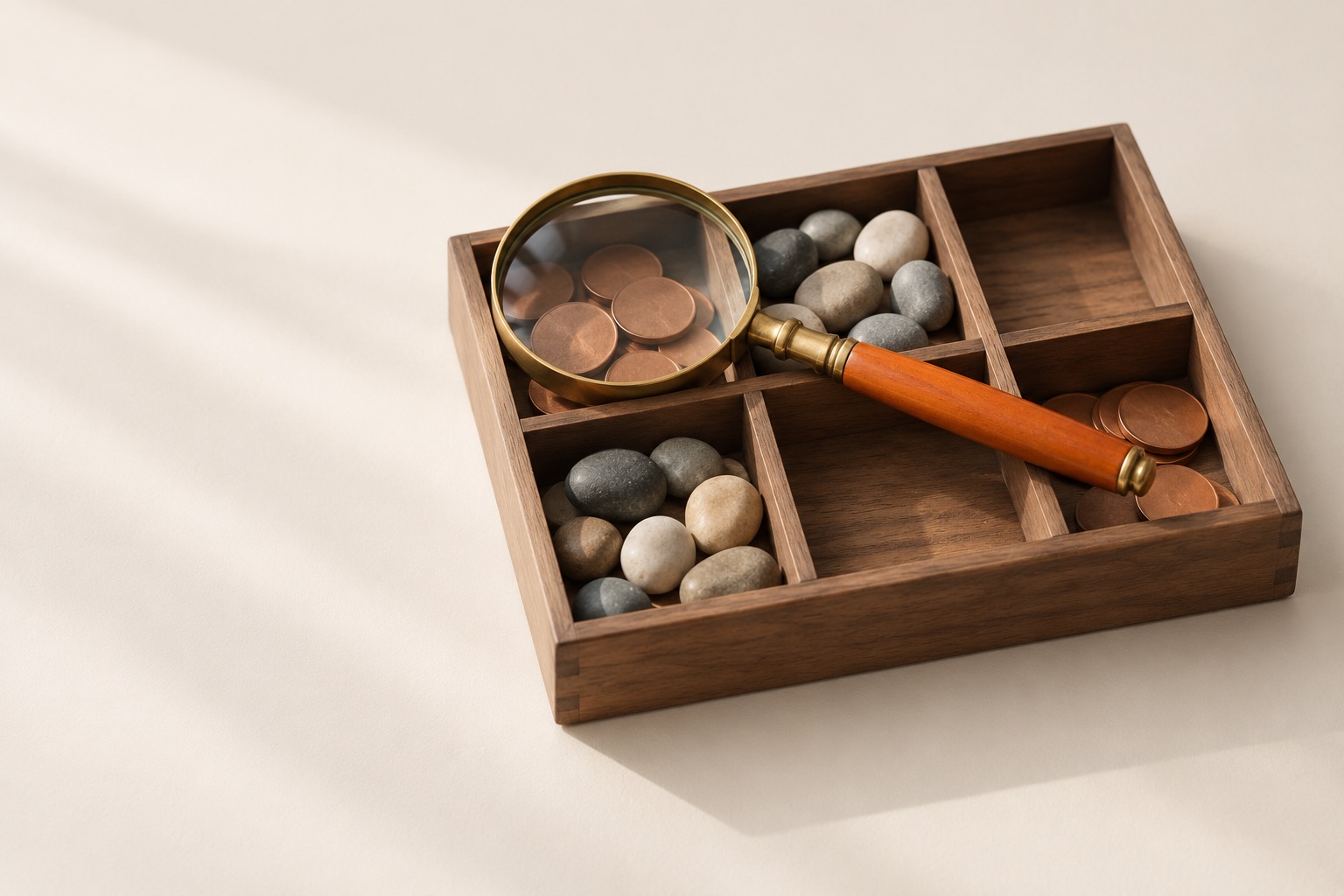 A wooden sorting tray with six compartments holding copper discs and pebbles, with a brass magnifying glass resting across it.
