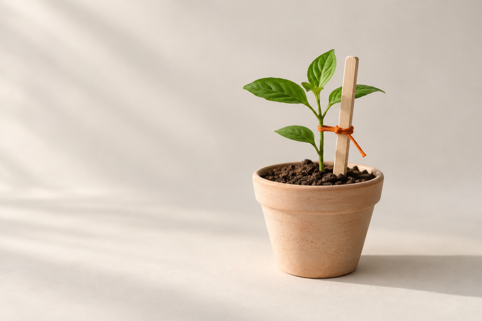 A seedling in a pale terracotta pot supported by an unmarked wooden stake and a burnt-orange thread.