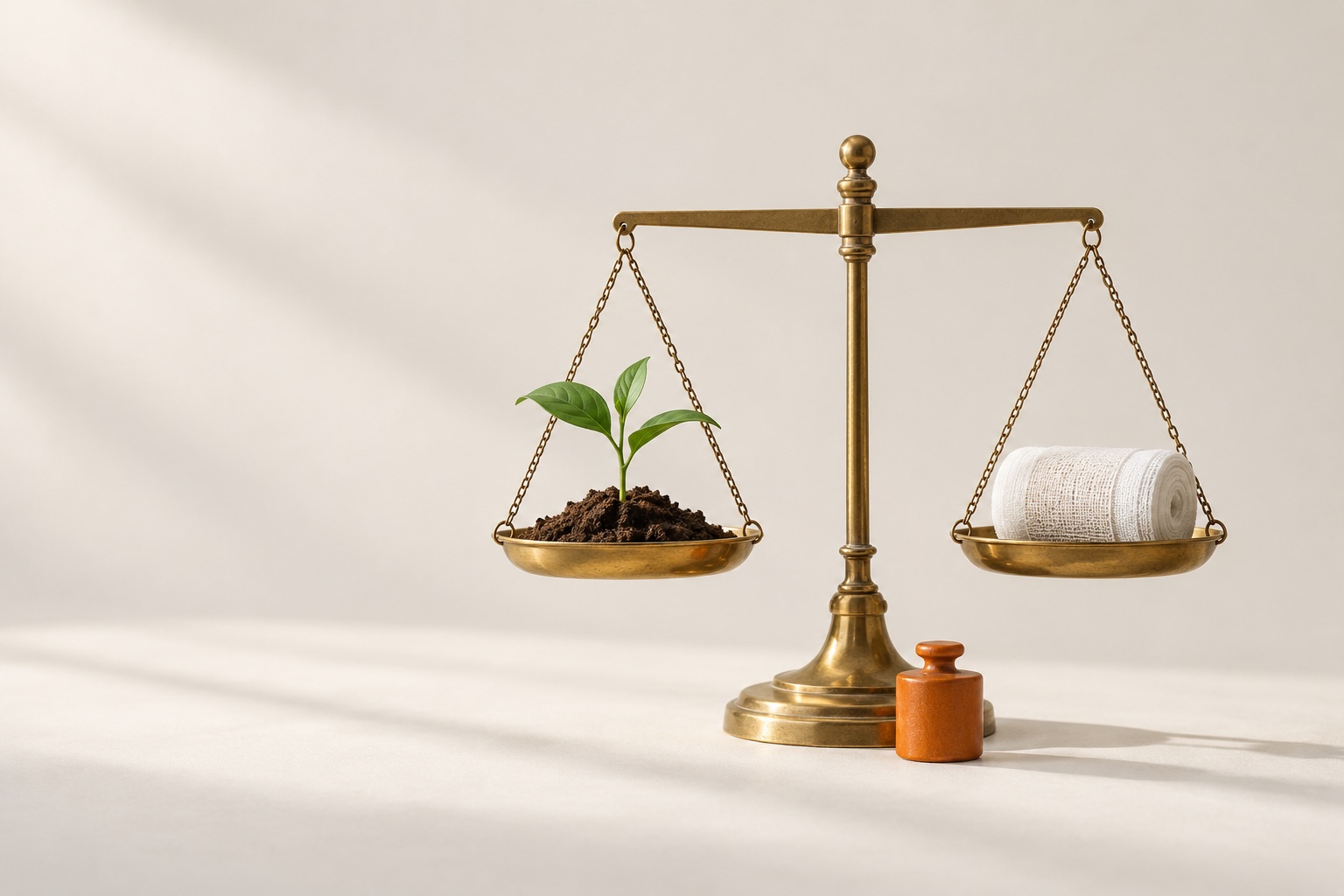 A level brass balance scale with a seedling in one pan and a rolled gauze bandage in the other.